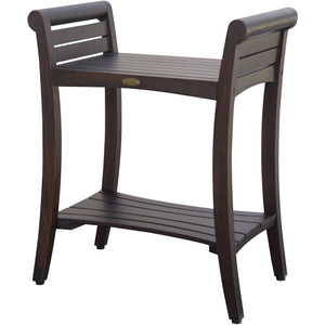 Compact Rectangular Teak Shower / Outdoor Bench with Shelf and Curved Liftaide Arms in brown Finish