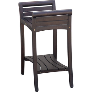 Compact Rectangular Teak Shower / Outdoor Bench with Shelf and Curved Liftaide Arms in brown Finish