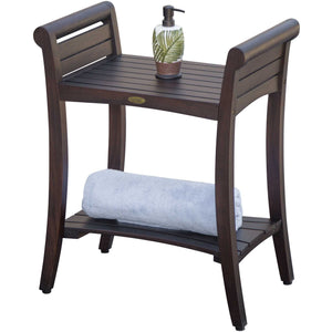 Compact Rectangular Teak Shower / Outdoor Bench with Shelf and Curved Liftaide Arms in brown Finish
