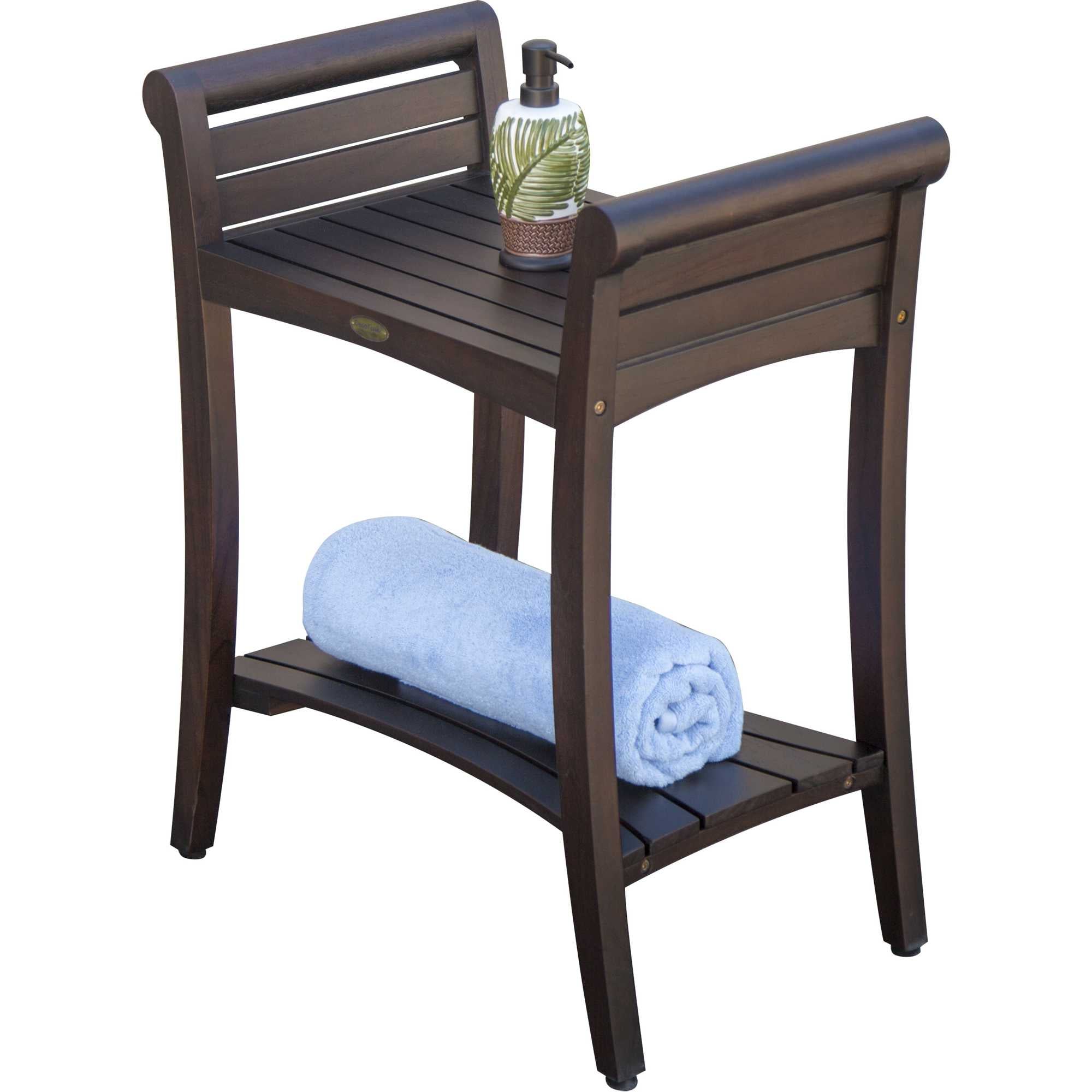 Compact Rectangular Teak Shower / Outdoor Bench with Shelf and Curved Liftaide Arms in brown Finish