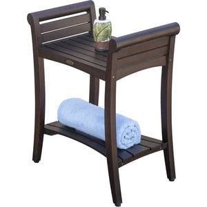Compact Rectangular Teak Shower / Outdoor Bench with Shelf and Curved Liftaide Arms in brown Finish