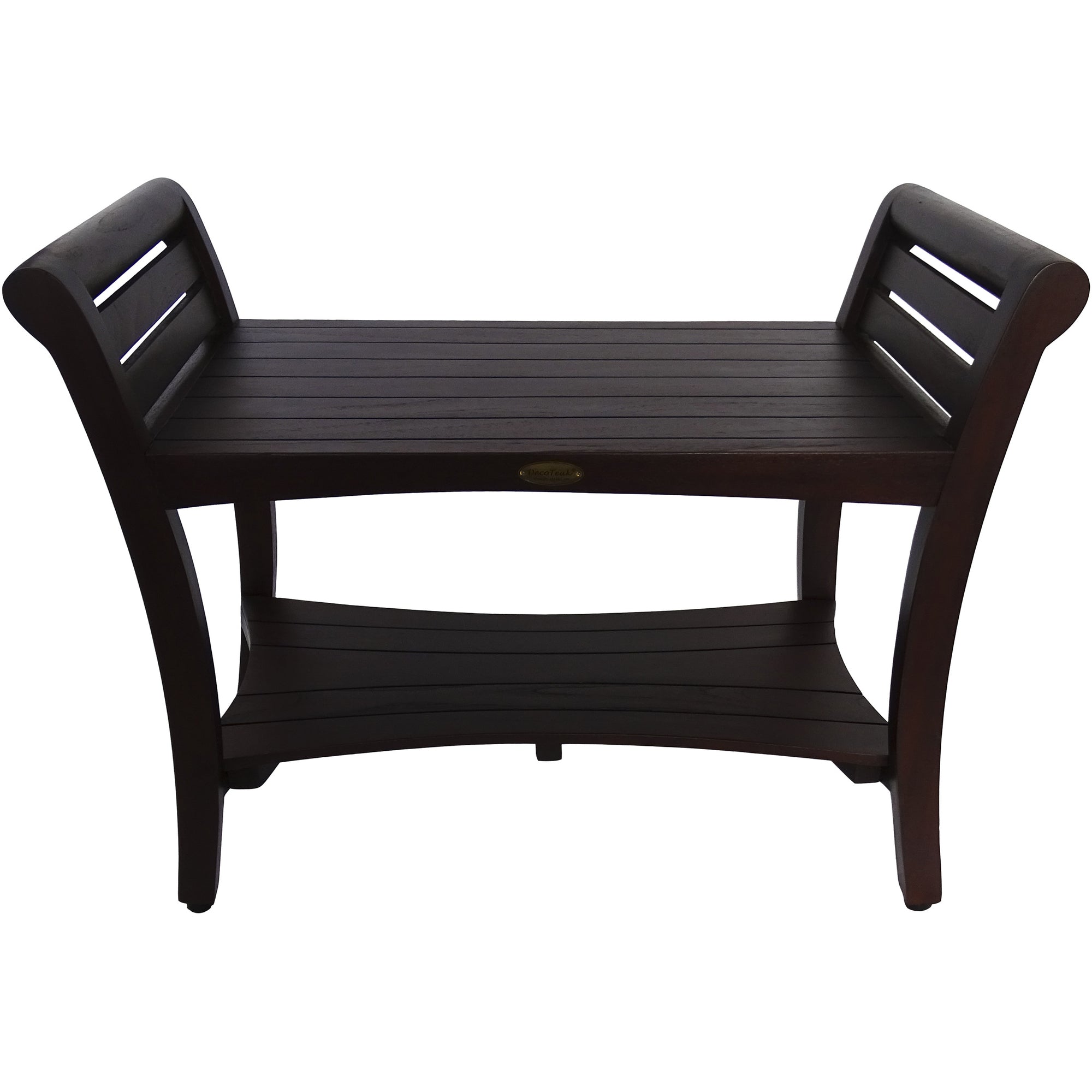 Compact Rectangular Teak Shower / Outdoor Bench with Shelf and Curved Liftaide Arms in Brown Finish