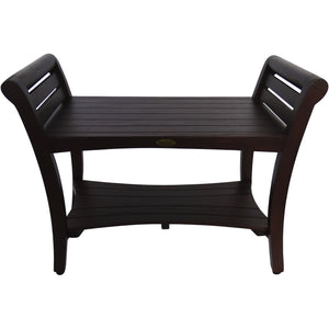 Compact Rectangular Teak Shower / Outdoor Bench with Shelf and Curved Liftaide Arms in Brown Finish