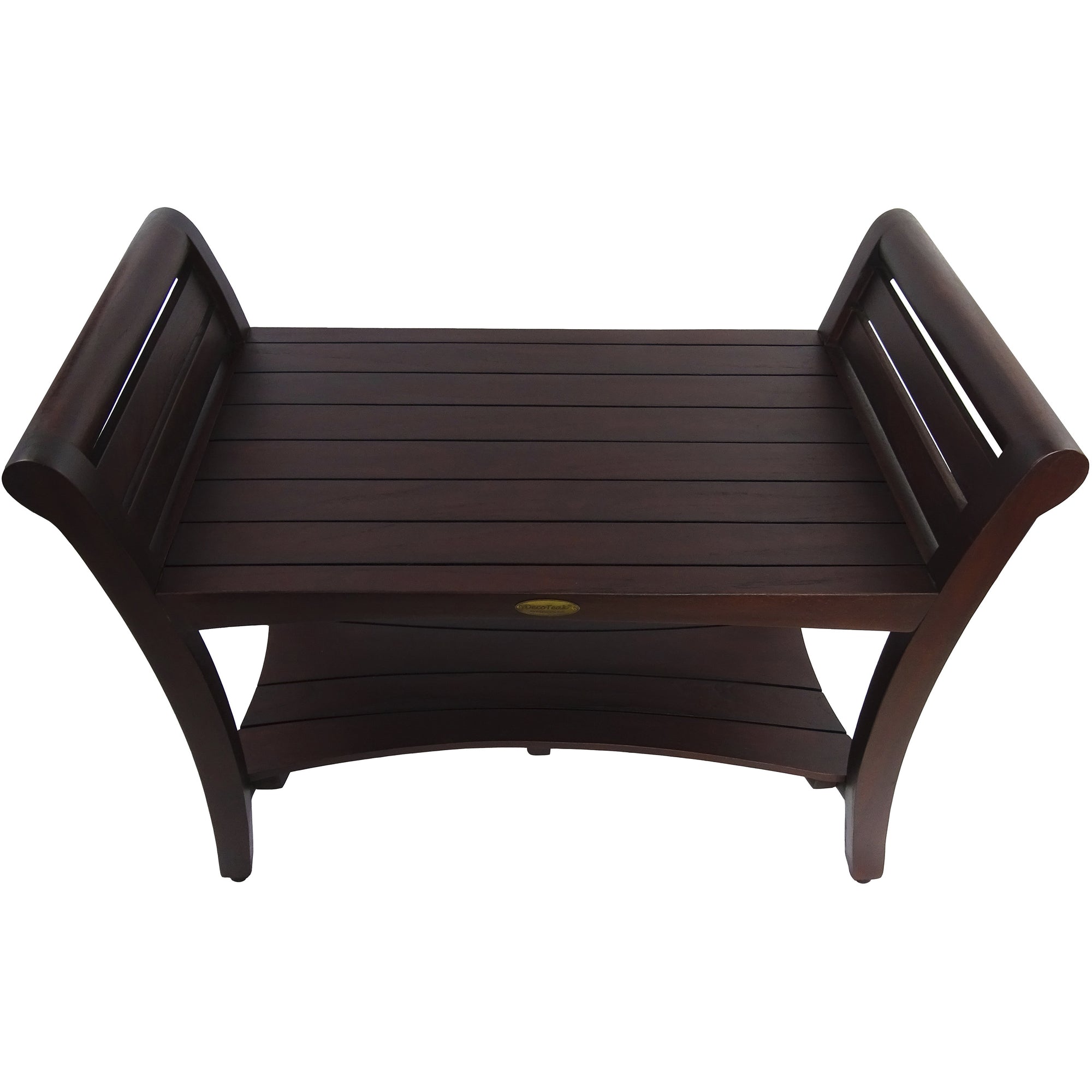 Compact Rectangular Teak Shower / Outdoor Bench with Shelf and Curved Liftaide Arms in Brown Finish