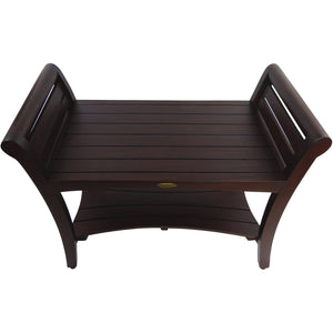 Compact Rectangular Teak Shower / Outdoor Bench with Shelf and Curved Liftaide Arms in Brown Finish