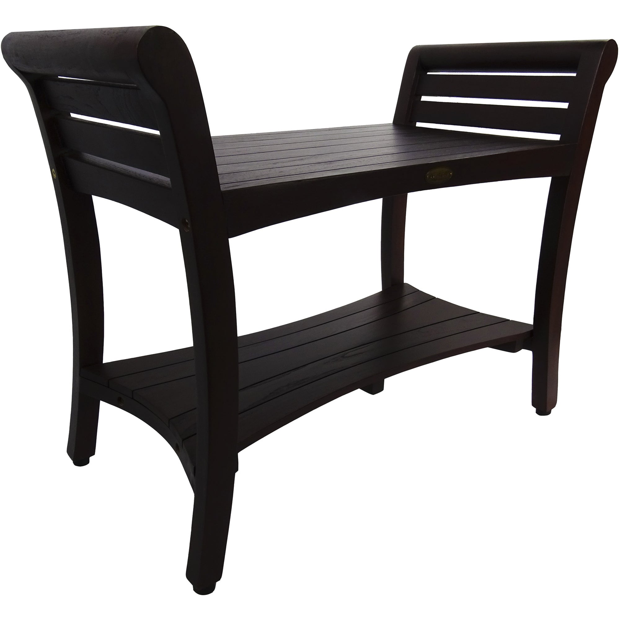 Compact Rectangular Teak Shower / Outdoor Bench with Shelf and Curved Liftaide Arms in Brown Finish