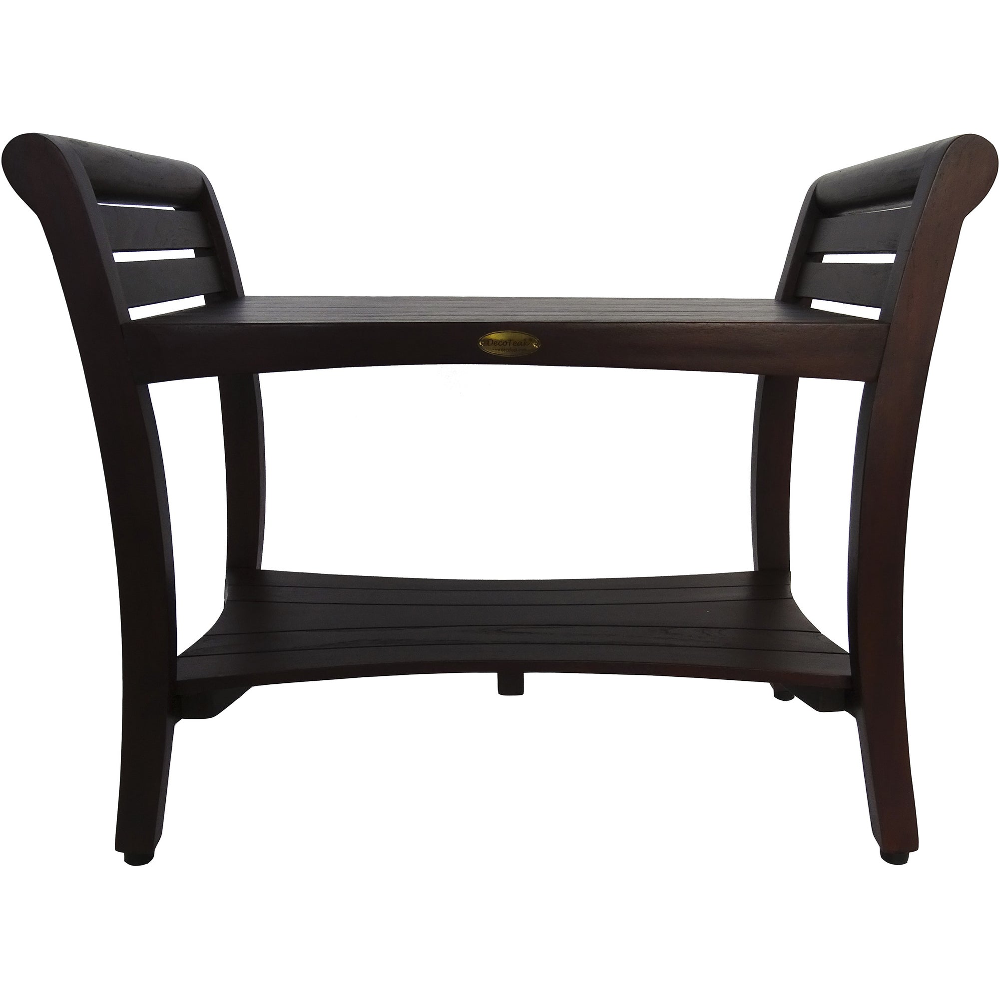 Compact Rectangular Teak Shower / Outdoor Bench with Shelf and Curved Liftaide Arms in Brown Finish