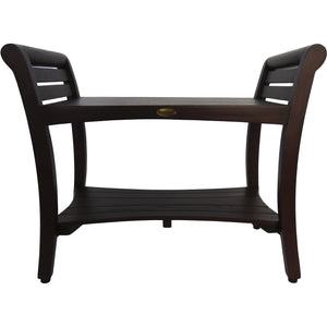 Compact Rectangular Teak Shower / Outdoor Bench with Shelf and Curved Liftaide Arms in Brown Finish