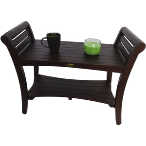 Compact Rectangular Teak Shower / Outdoor Bench with Shelf and Curved Liftaide Arms in Brown Finish
