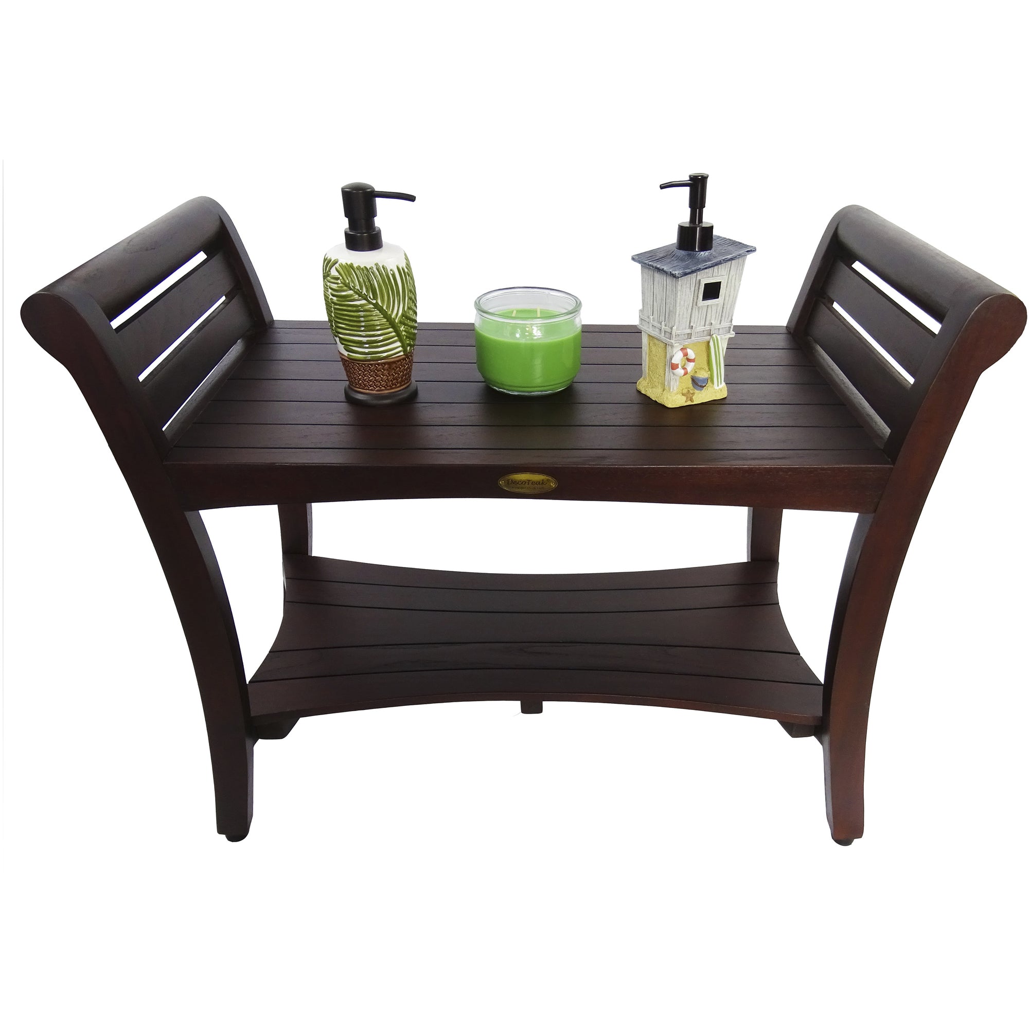 Compact Rectangular Teak Shower / Outdoor Bench with Shelf and Curved Liftaide Arms in Brown Finish