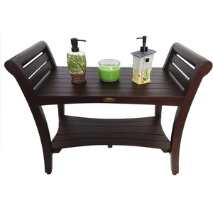 Compact Rectangular Teak Shower / Outdoor Bench with Shelf and Curved Liftaide Arms in Brown Finish