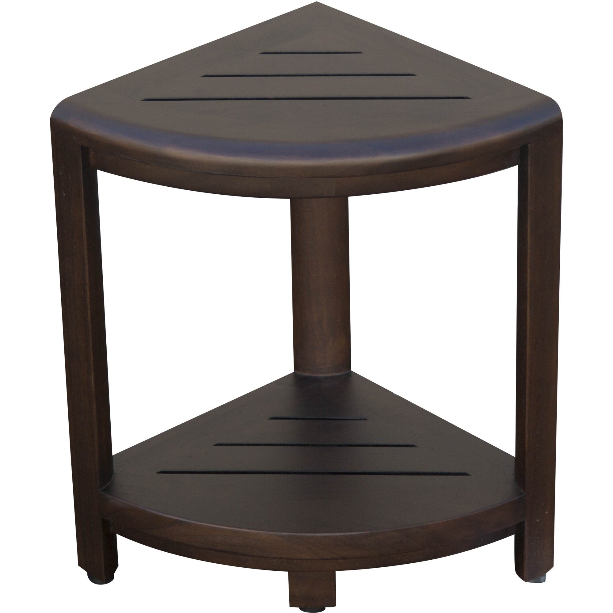 Compact Triangular Teak Shower / Outdoor Bench with Shelf in Brown Finish