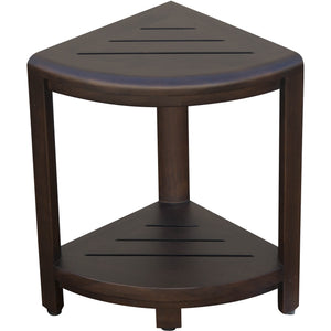 Compact Triangular Teak Shower / Outdoor Bench with Shelf in Brown Finish