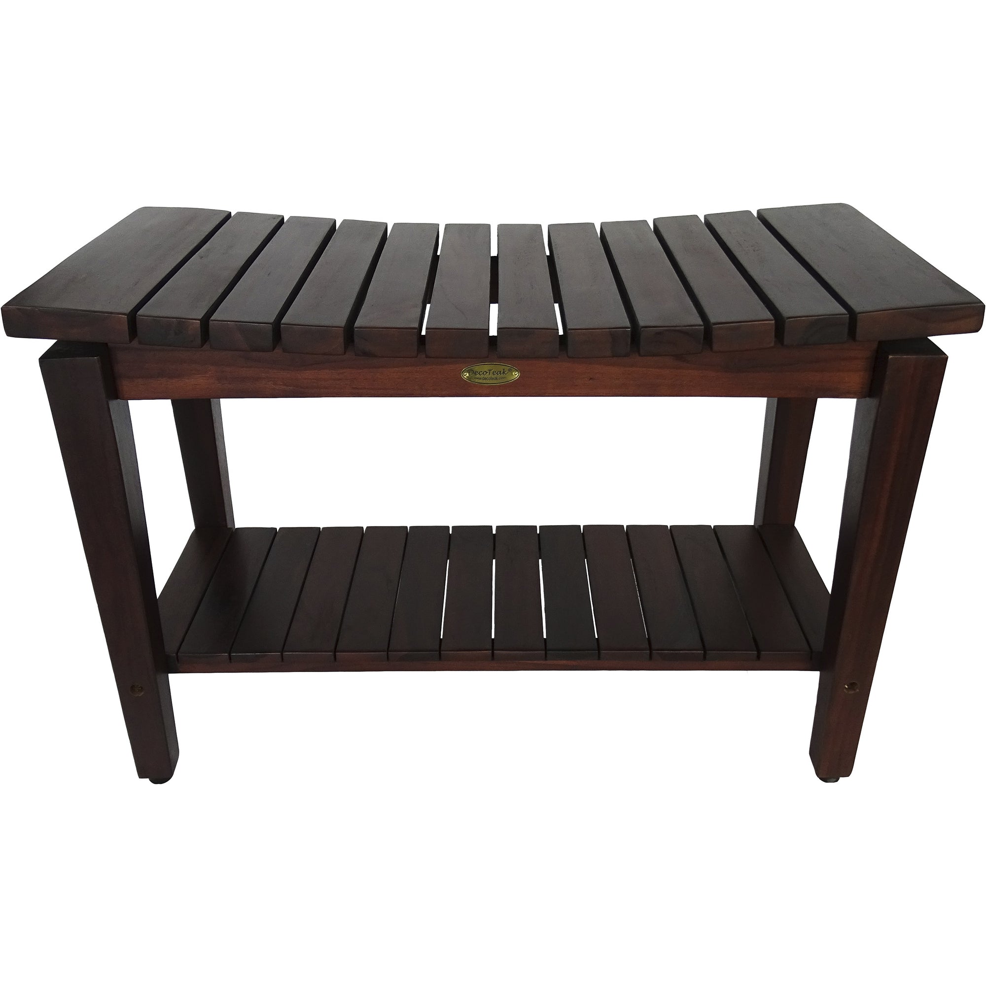 Compact Curvilinear Teak Shower / Outdoor Bench with Shelf in Brown Finish