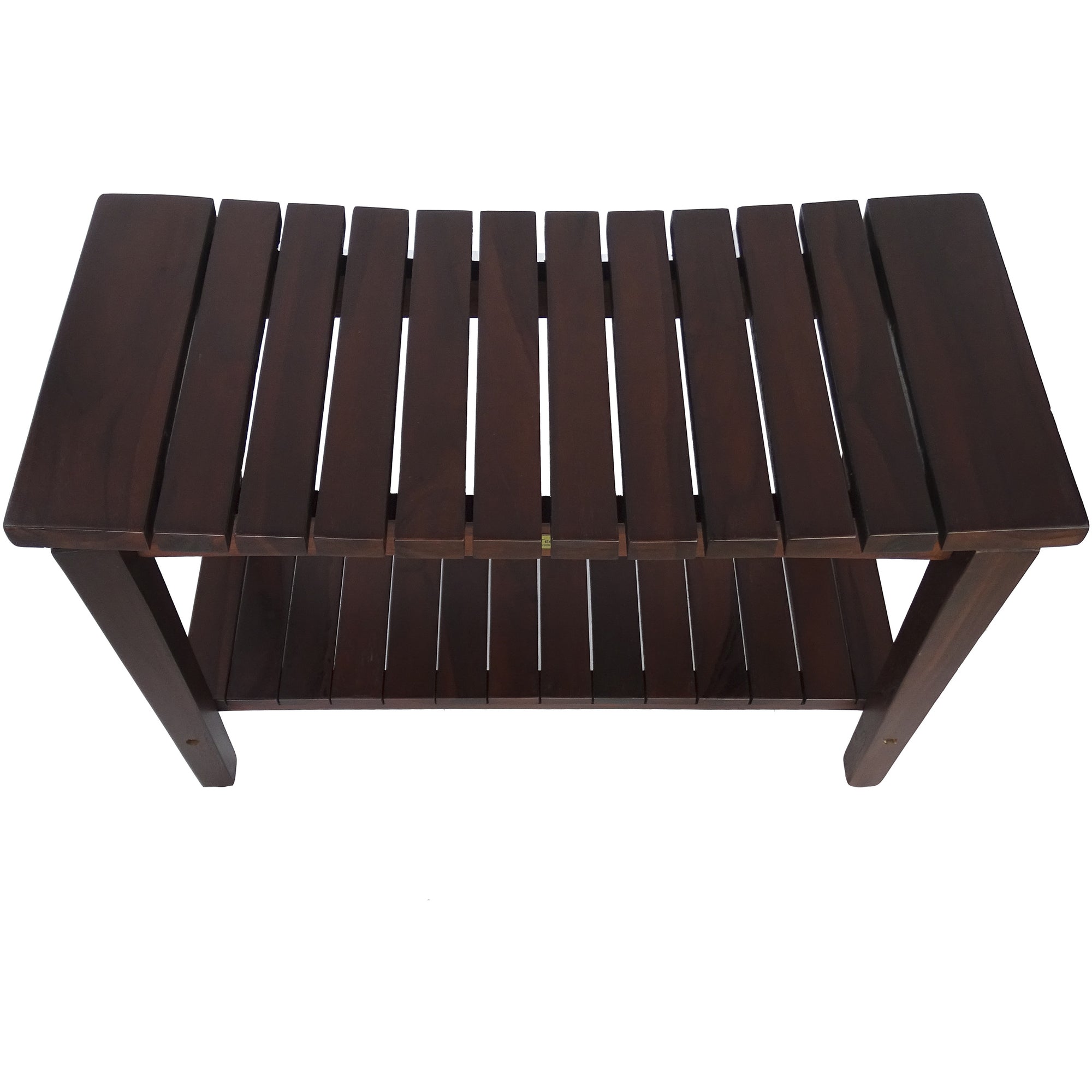 Compact Curvilinear Teak Shower / Outdoor Bench with Shelf in Brown Finish