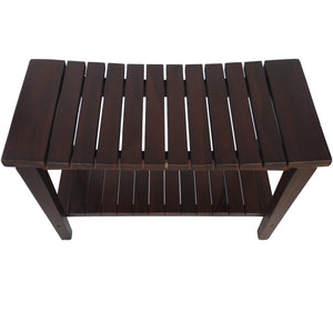 Compact Curvilinear Teak Shower / Outdoor Bench with Shelf in Brown Finish