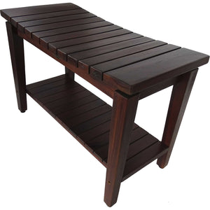 Compact Curvilinear Teak Shower / Outdoor Bench with Shelf in Brown Finish