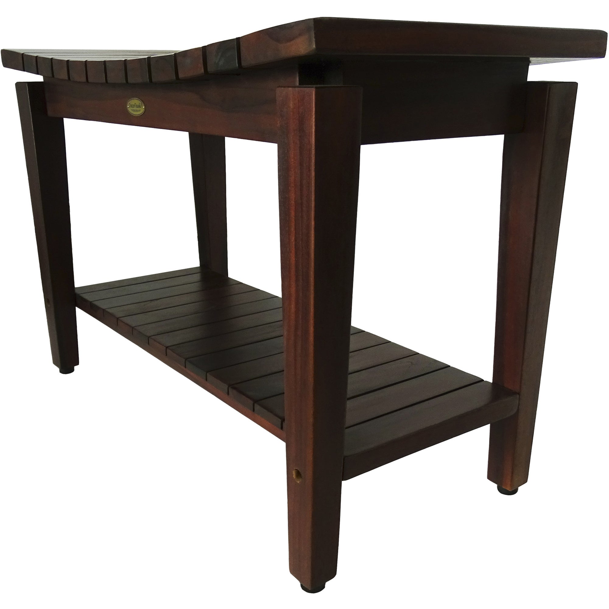 Compact Curvilinear Teak Shower / Outdoor Bench with Shelf in Brown Finish