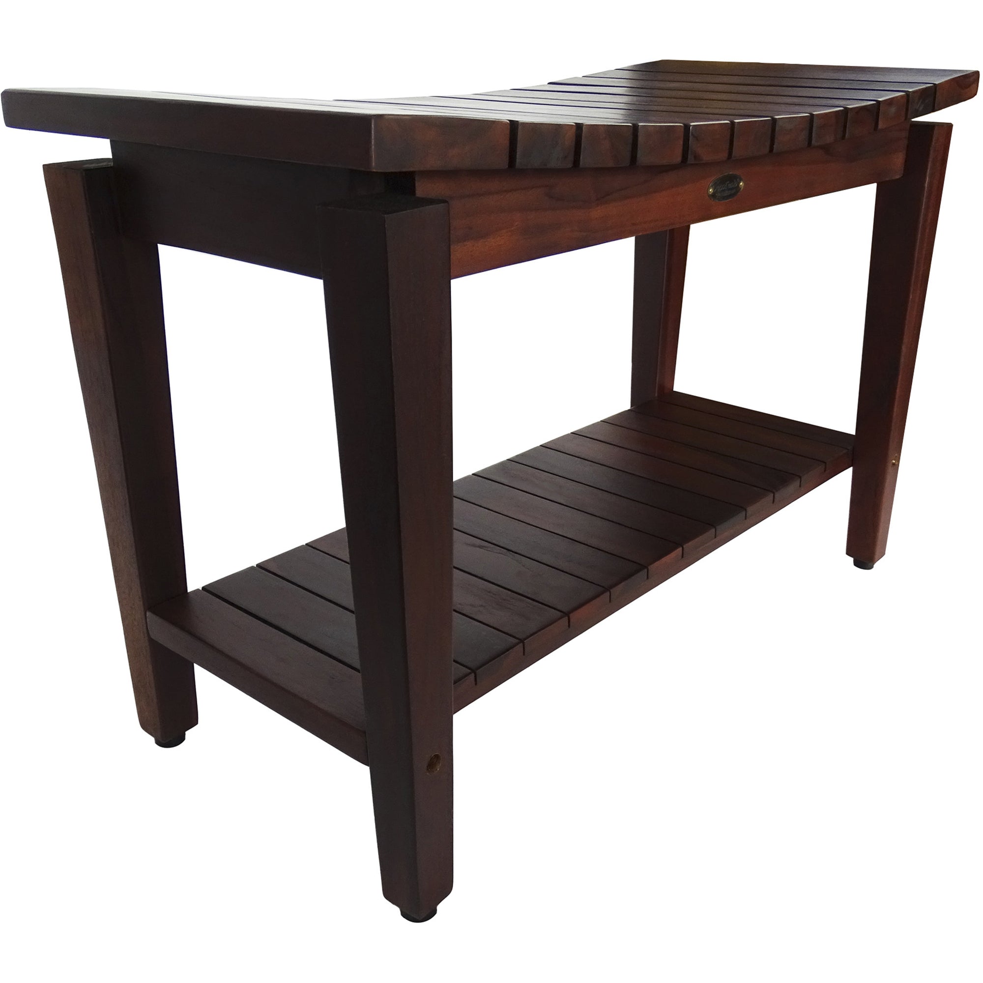 Compact Curvilinear Teak Shower / Outdoor Bench with Shelf in Brown Finish