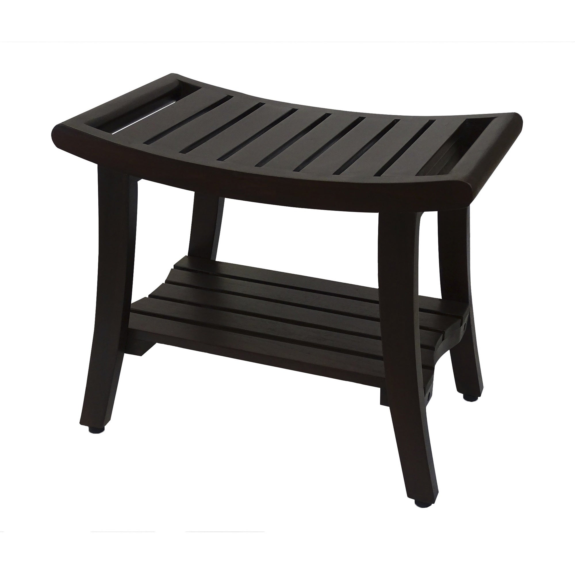 Compact Curvilinear Teak Shower / Outdoor Bench with Shelf and Liftaide Arms in Brown Finish