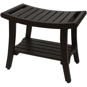 Compact Curvilinear Teak Shower / Outdoor Bench with Shelf and Liftaide Arms in Brown Finish