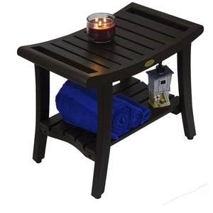Compact Curvilinear Teak Shower / Outdoor Bench with Shelf and Liftaide Arms in Brown Finish