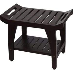 Compact Curvilinear Teak Shower Outdoor Bench with Shelf and Liftaide Arms in Brown Finish