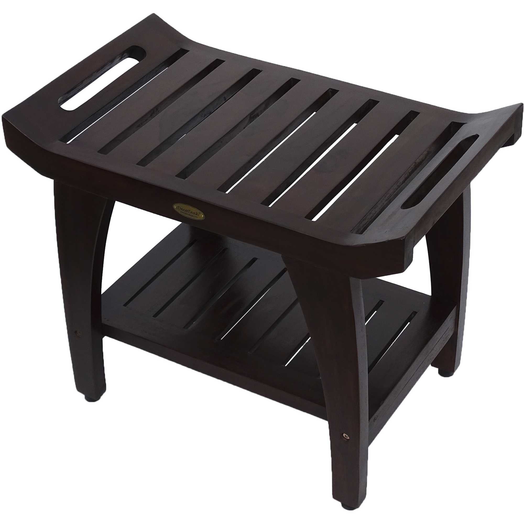 Compact Curvilinear Teak Shower Outdoor Bench with Shelf and Liftaide Arms in Brown Finish