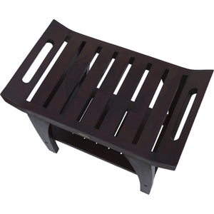 Compact Curvilinear Teak Shower Outdoor Bench with Shelf and Liftaide Arms in Brown Finish