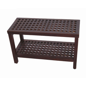 Compact Rectangular Teak Lattice Pattern Shower / Outdoor Bench with Shelf in Brown Finish