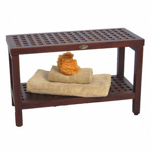 Compact Rectangular Teak Lattice Pattern Shower / Outdoor Bench with Shelf in Brown Finish