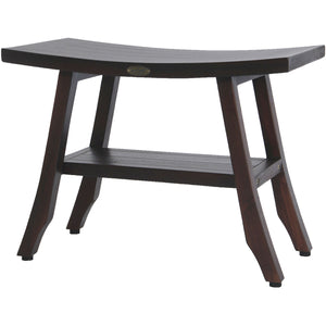 Compact Curvilinear Teak Shower / Outdoor bench with Shelf in Brown Finish