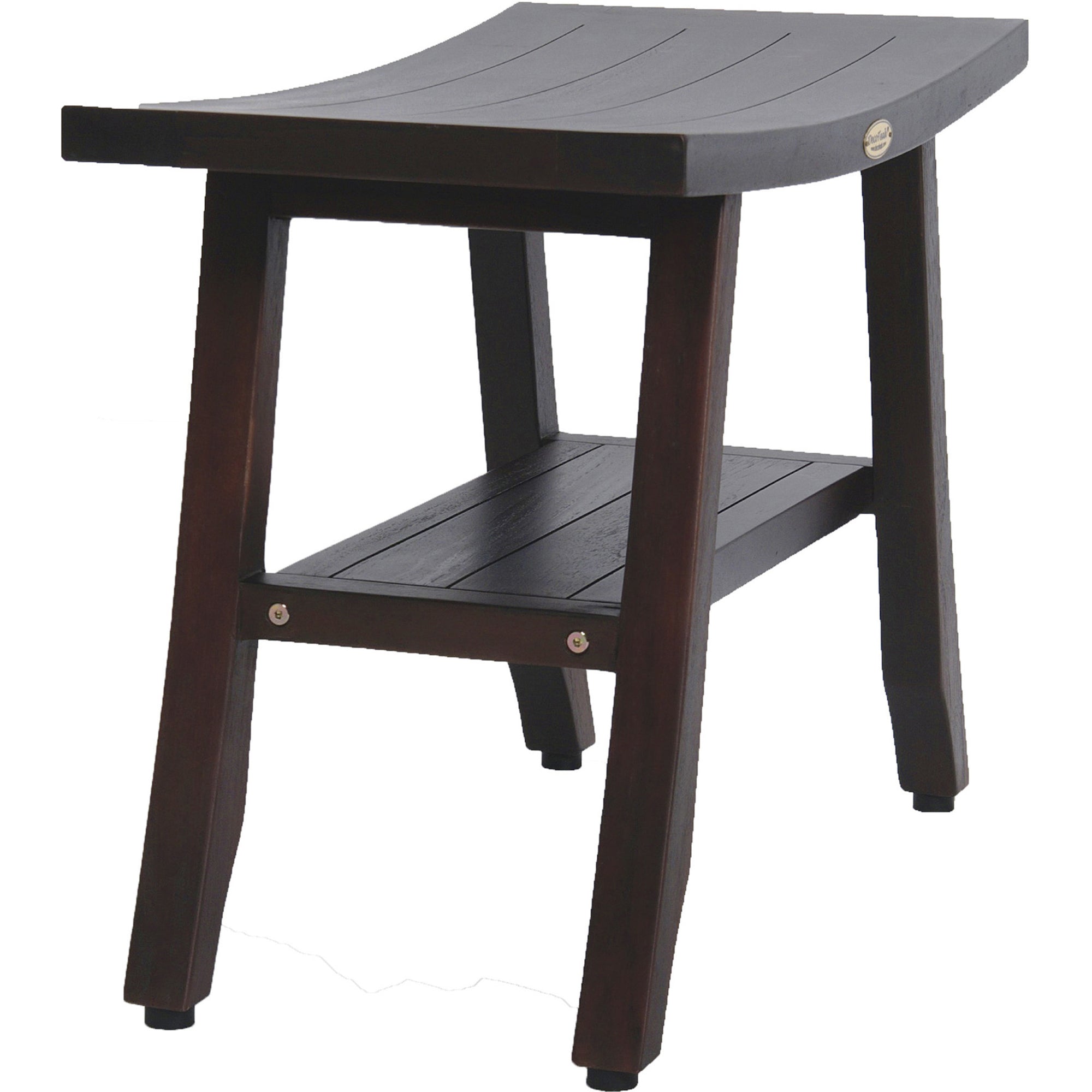 Compact Curvilinear Teak Shower / Outdoor bench with Shelf in Brown Finish