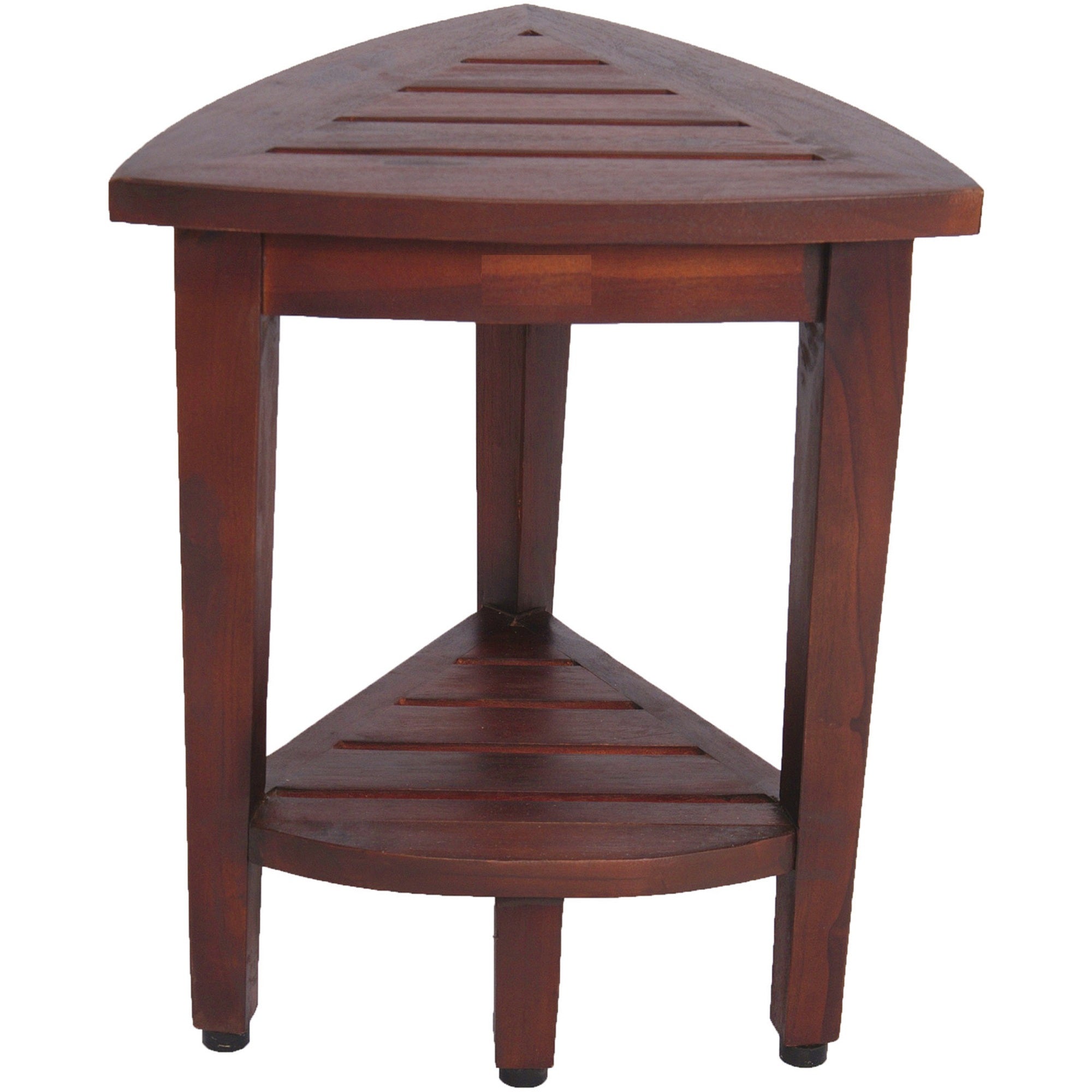 Compact Teak Corner Shower / Outdoor Bench with Shelf in Brown Finish