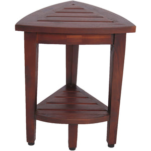 Compact Teak Corner Shower / Outdoor Bench with Shelf in Brown Finish