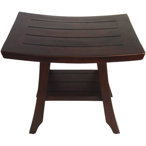 Compact Curvilinear Teak Shower / Outdoor Bench with Shelf in Brown Finish
