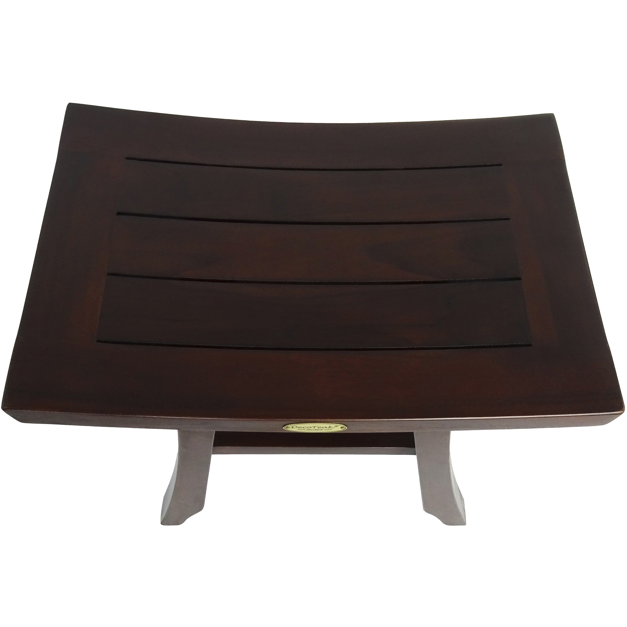 Compact Curvilinear Teak Shower / Outdoor Bench with Shelf in Brown Finish