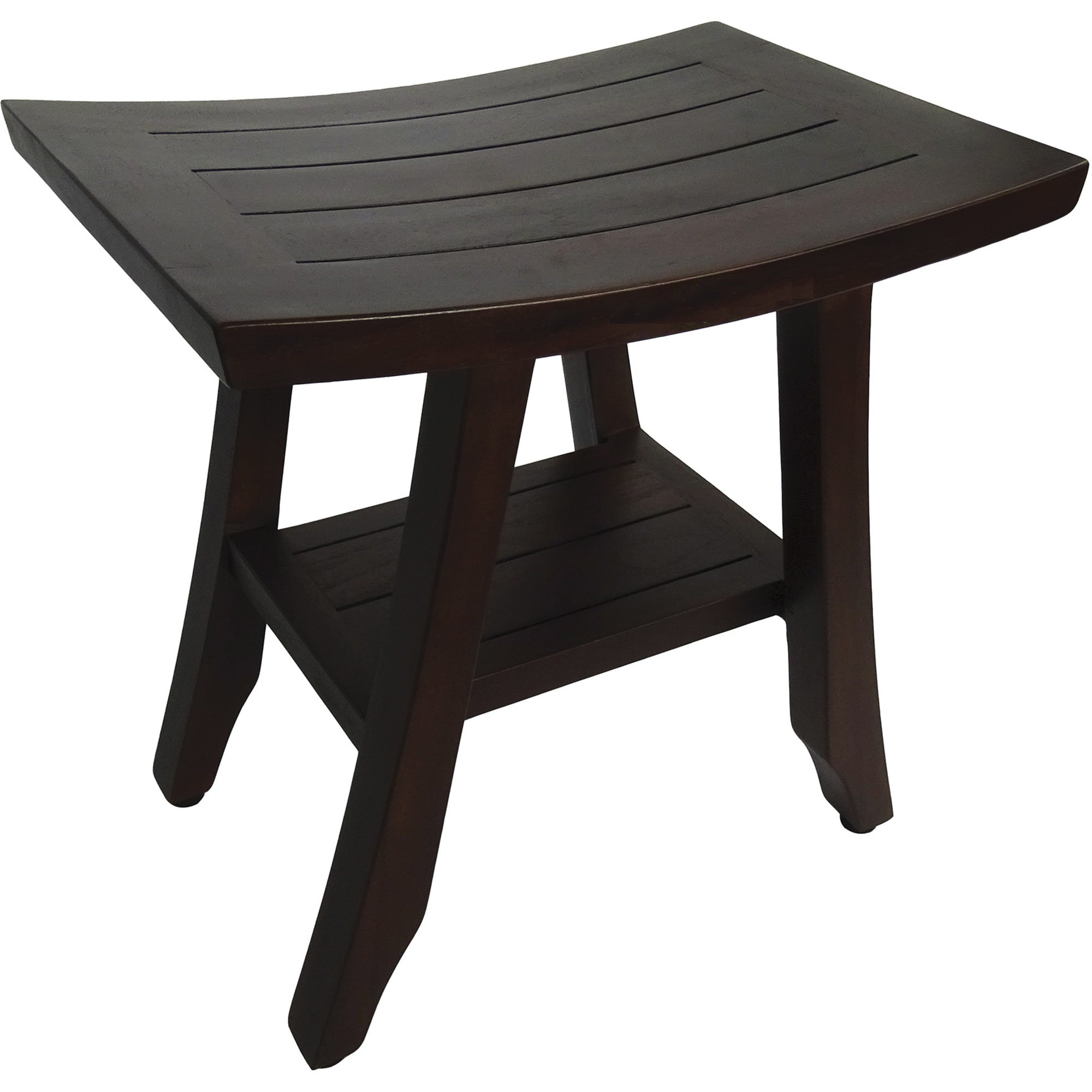 Compact Curvilinear Teak Shower / Outdoor Bench with Shelf in Brown Finish