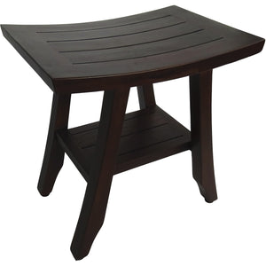 Compact Curvilinear Teak Shower / Outdoor Bench with Shelf in Brown Finish