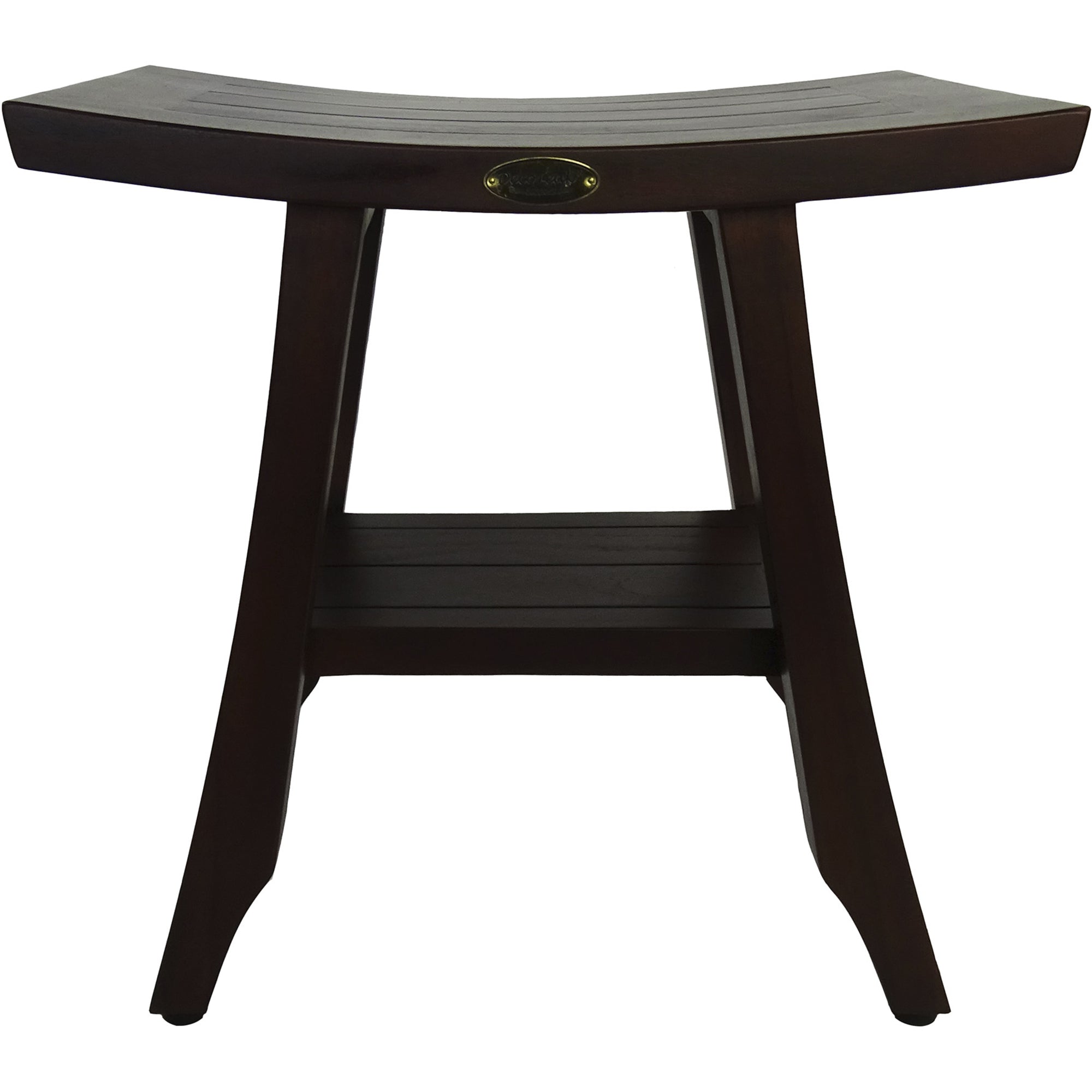 Compact Curvilinear Teak Shower / Outdoor Bench with Shelf in Brown Finish