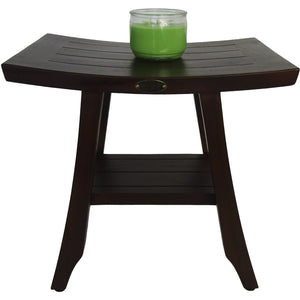 Compact Curvilinear Teak Shower / Outdoor Bench with Shelf in Brown Finish