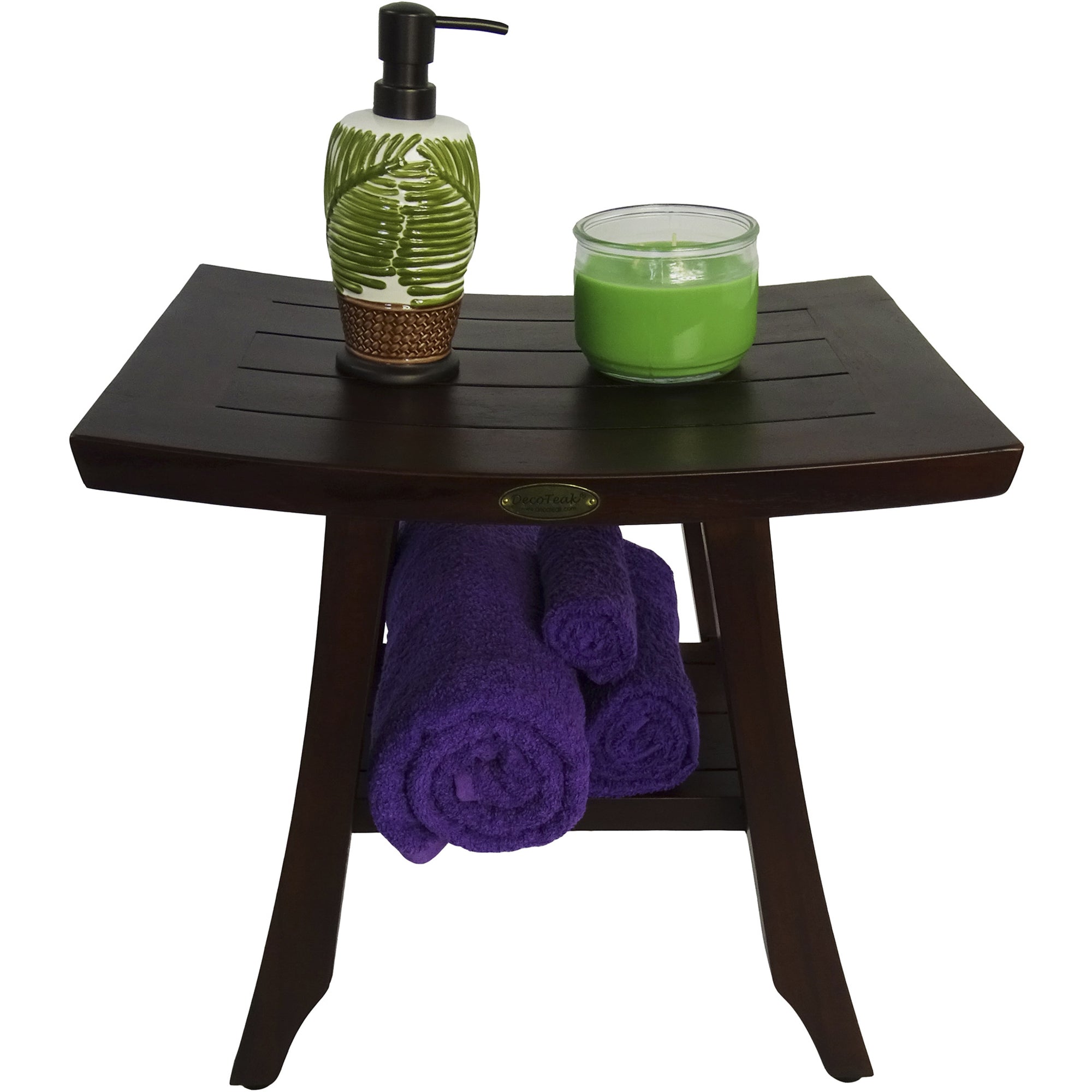 Compact Curvilinear Teak Shower / Outdoor Bench with Shelf in Brown Finish