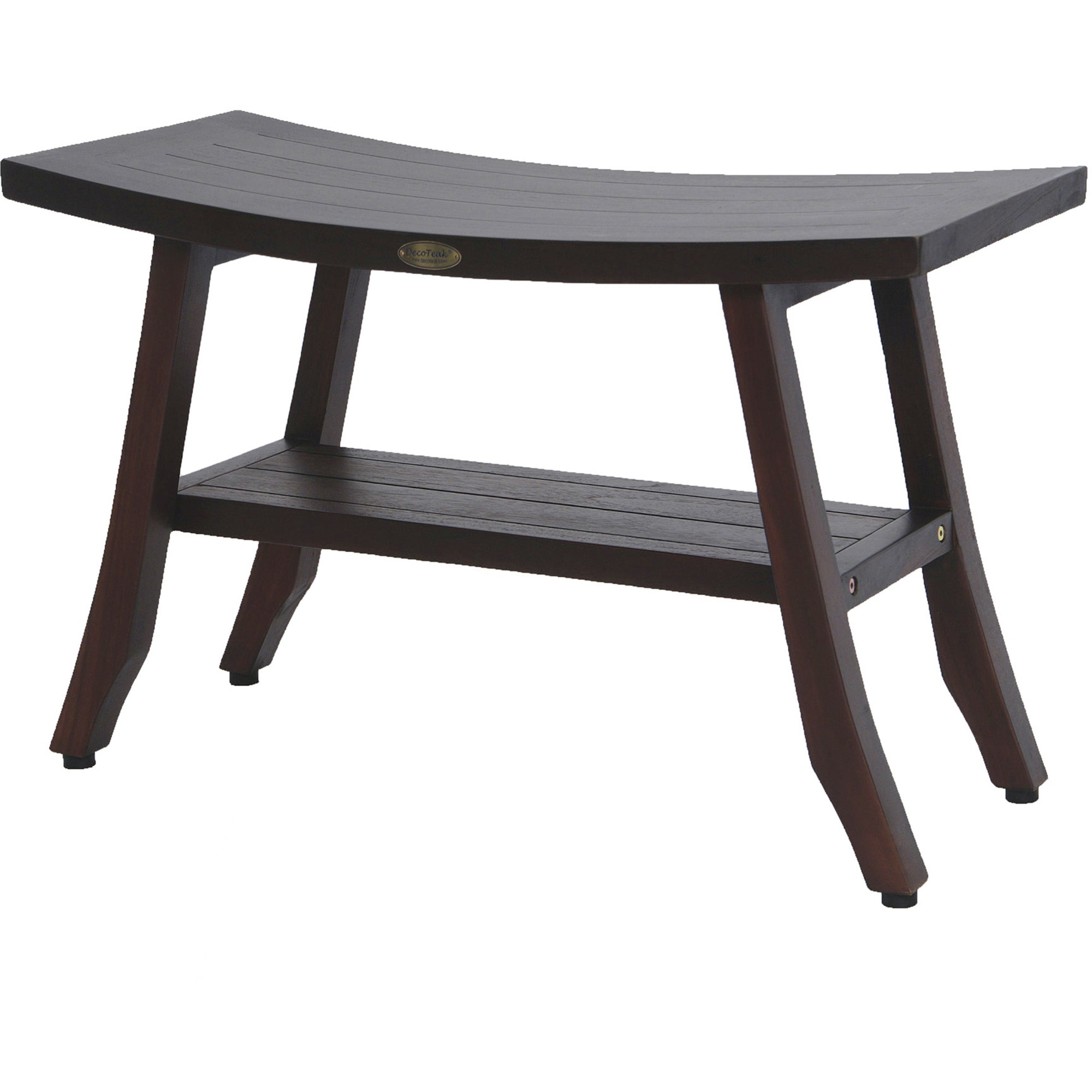 Compact Curvilinear Teak Shower / Outdoor Bench with Shelf in Brown Finish