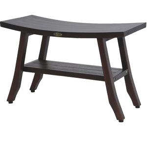 Compact Curvilinear Teak Shower / Outdoor Bench with Shelf in Brown Finish