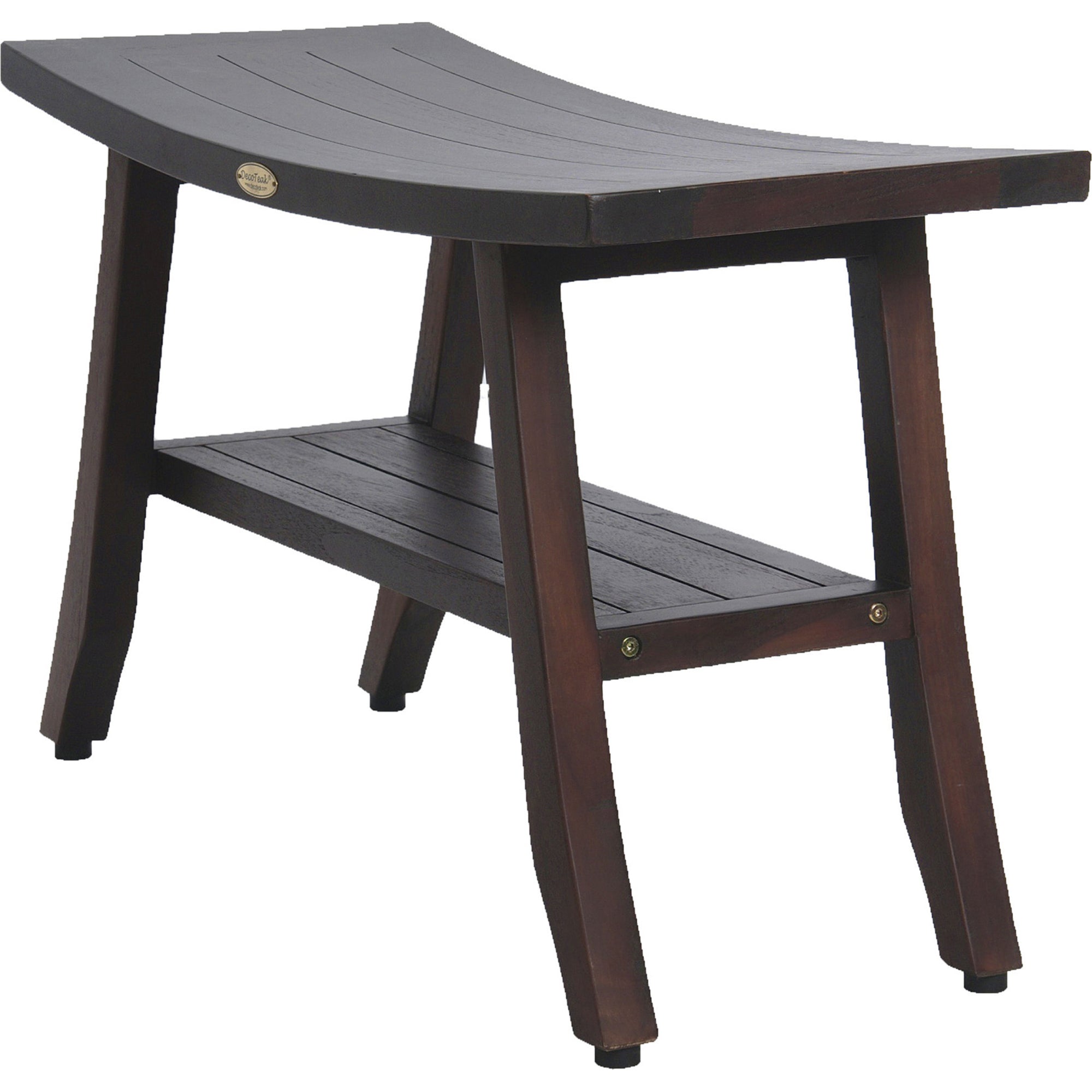 Compact Curvilinear Teak Shower / Outdoor Bench with Shelf in Brown Finish