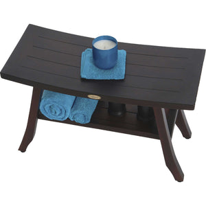 Compact Curvilinear Teak Shower / Outdoor Bench with Shelf in Brown Finish