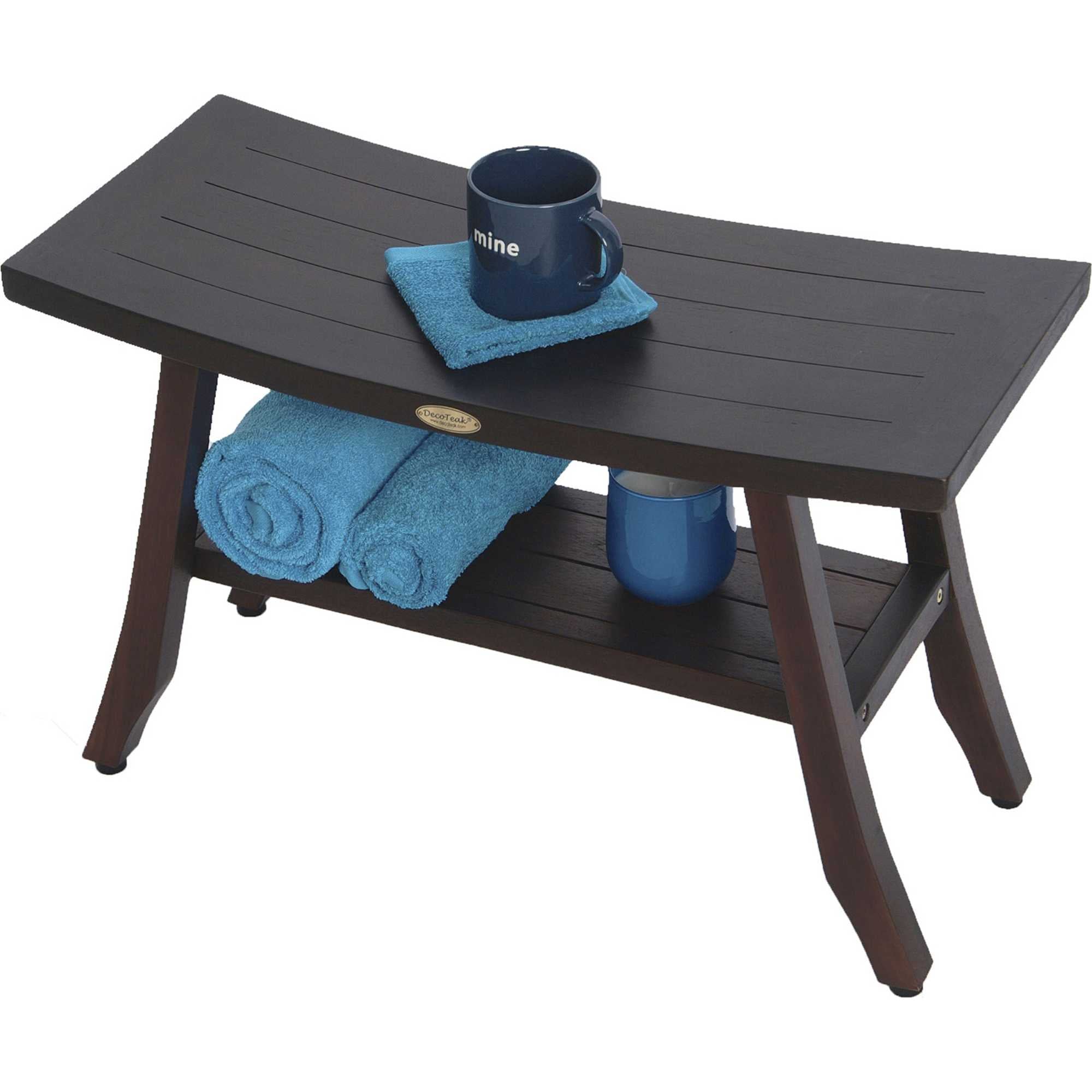 Compact Curvilinear Teak Shower / Outdoor Bench with Shelf in Brown Finish