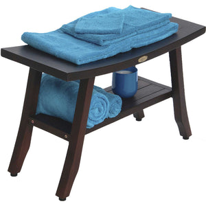 Compact Curvilinear Teak Shower / Outdoor Bench with Shelf in Brown Finish
