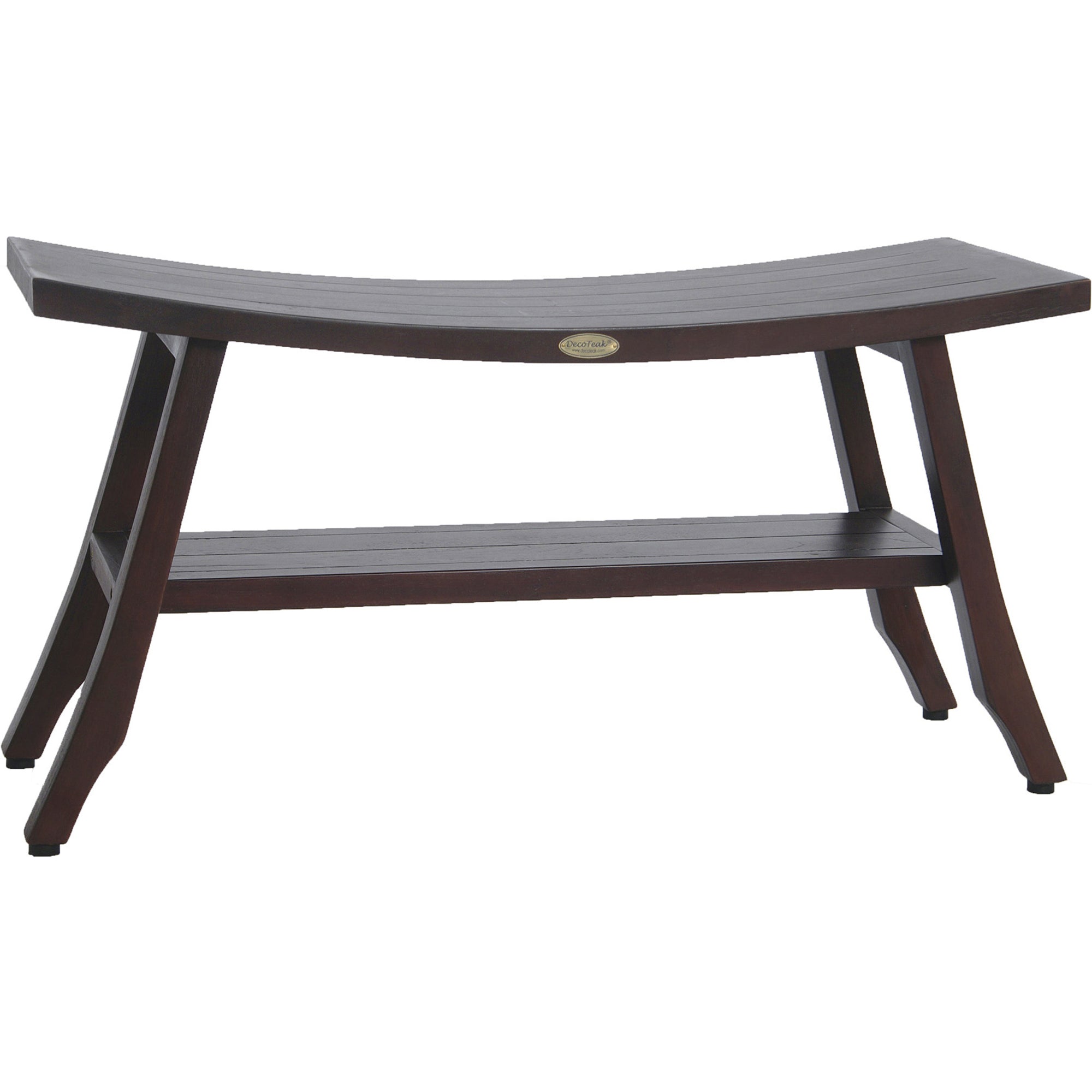 Compact Curvilinear Teak Shower / Outdoor Bench with Shelf in Brown Finish