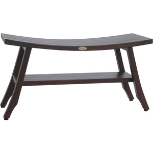 Compact Curvilinear Teak Shower / Outdoor Bench with Shelf in Brown Finish